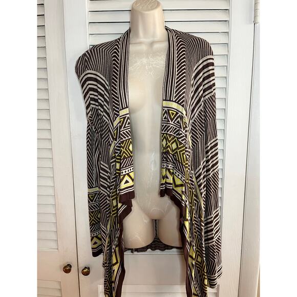 Umgee USA brown yellow aztec print long open front cardigan L Retro Boho‎ - Picture 1 of 5